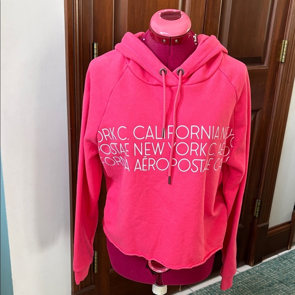 Aeropostale Pullover Hoodie cropped Coral/ White Logo long sleeve drawstring